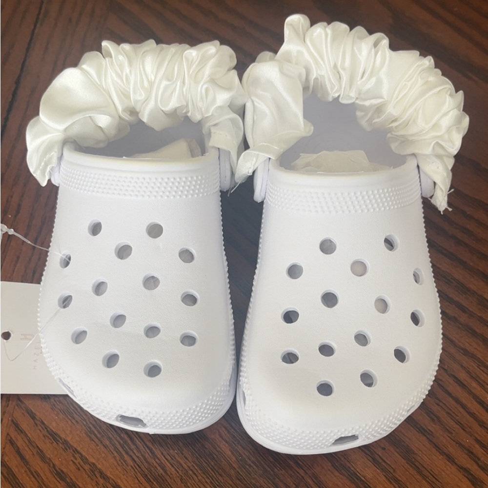 White Kids Slip-On Clogs with Satin Scrunch Strap